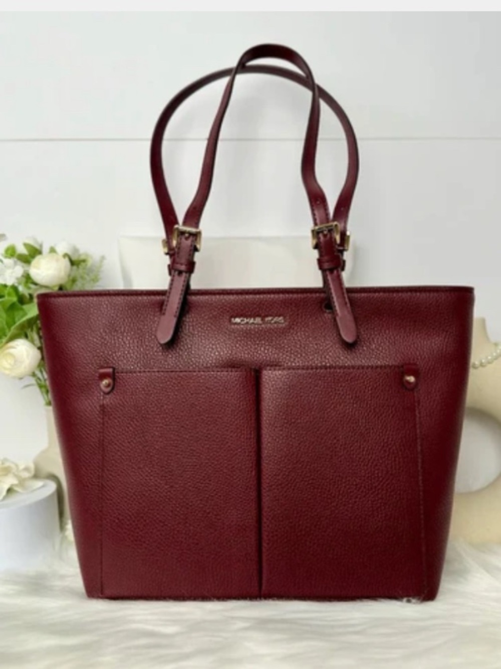 NWT! Michael Kors Jet Set Travel Double Pocket Tote in Oxblood Color - Picture 2 of 10